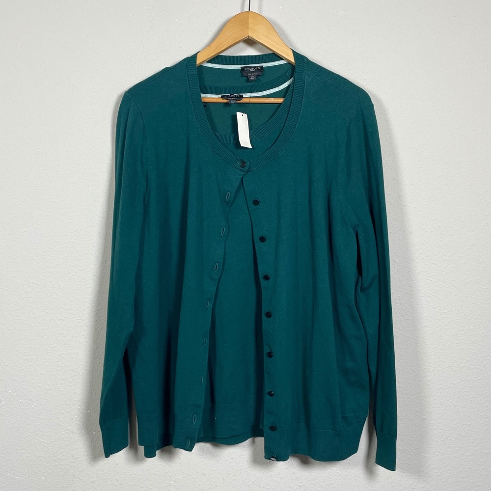 Talbots Cardigan Shell Twin Set Women 2X Green Pima Cotton Knit Classic Office